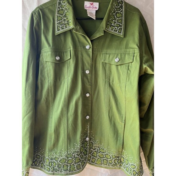 Quacker Factory Women’s Olive Green Jacket Embellished Rhinestone L Camouflage - Picture 2 of 4